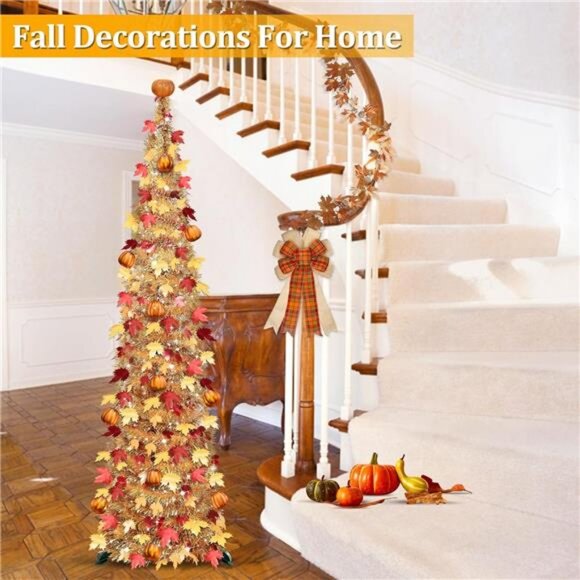 5 FT Fall Tree Fall Decor, Pop Up Tinsel Maples Tree with Timer 50 Warm White - Picture 2 of 7
